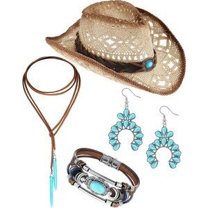 Boho 4 Pcs Turquoise Jewelry Set with Cowboy Hat for Women